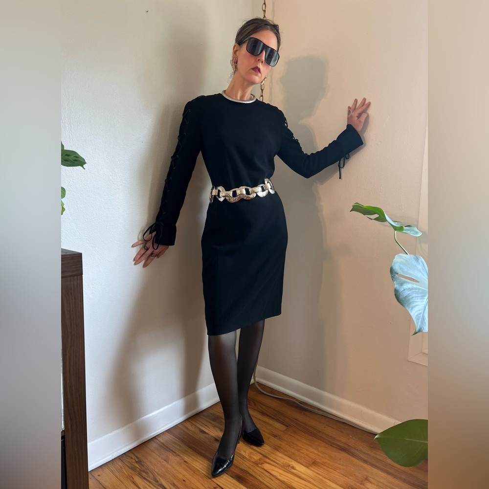Louis Feraud Vintage 90s Long Sleeve Black Dress w/ Lace-Up Sleeves - Picture 8 of 9